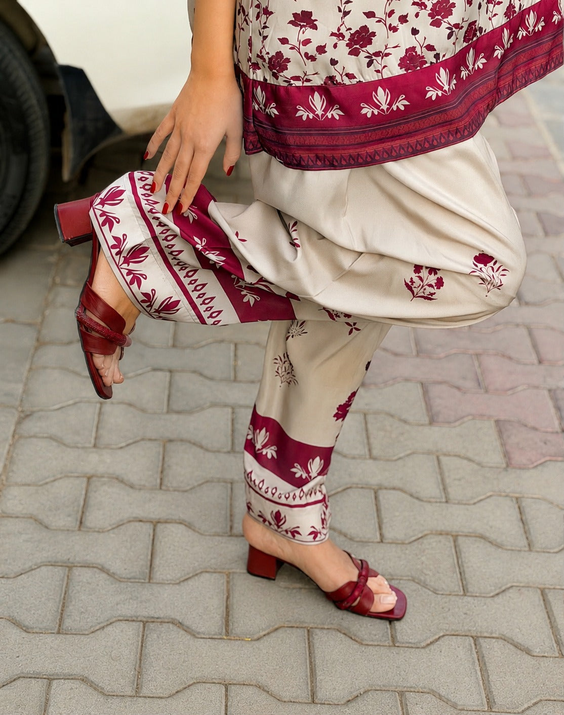 Burgundy Cream trouser detail